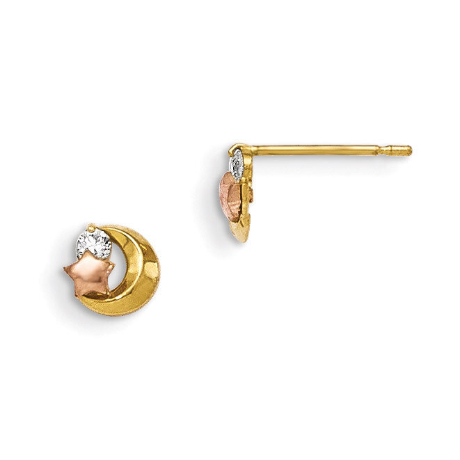 Yellow &amp; Rose Gold CZ Moon and Star Post Earrings 14k Gold GK778, MPN: GK778, 191101458255