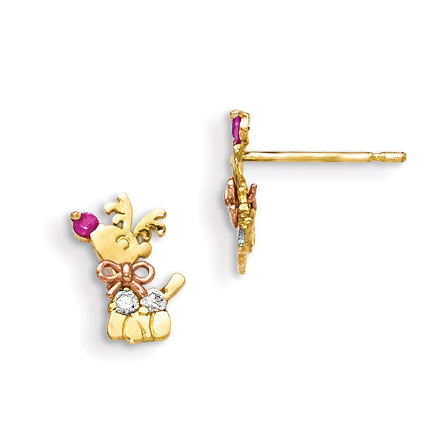 CZ Children'S Reindeer Post Earrings 14k Yellow & Rose Gold GK845