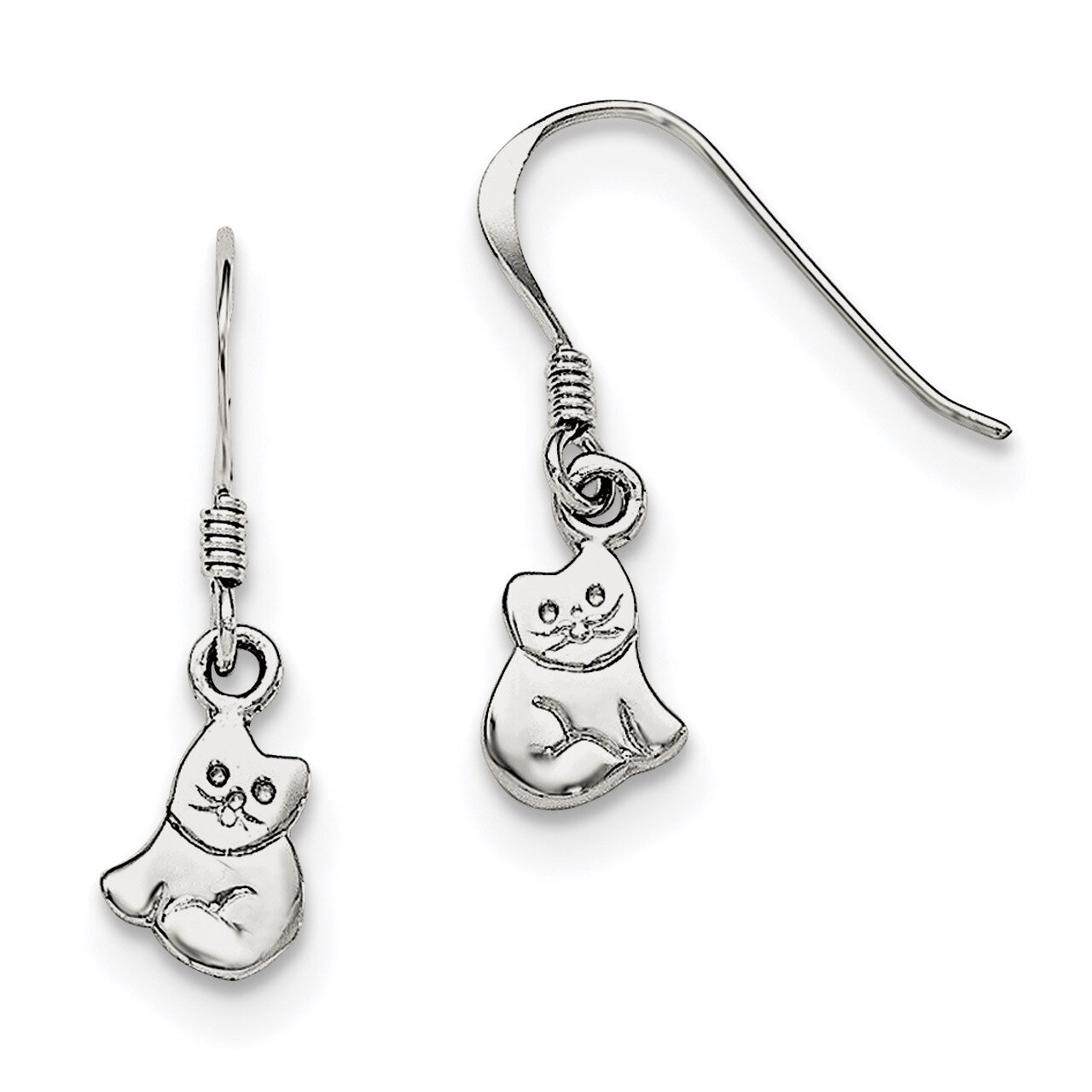 Child&#39;S Polished Cat Dangle Earrings Sterling Silver Rhodium-plated QE11240