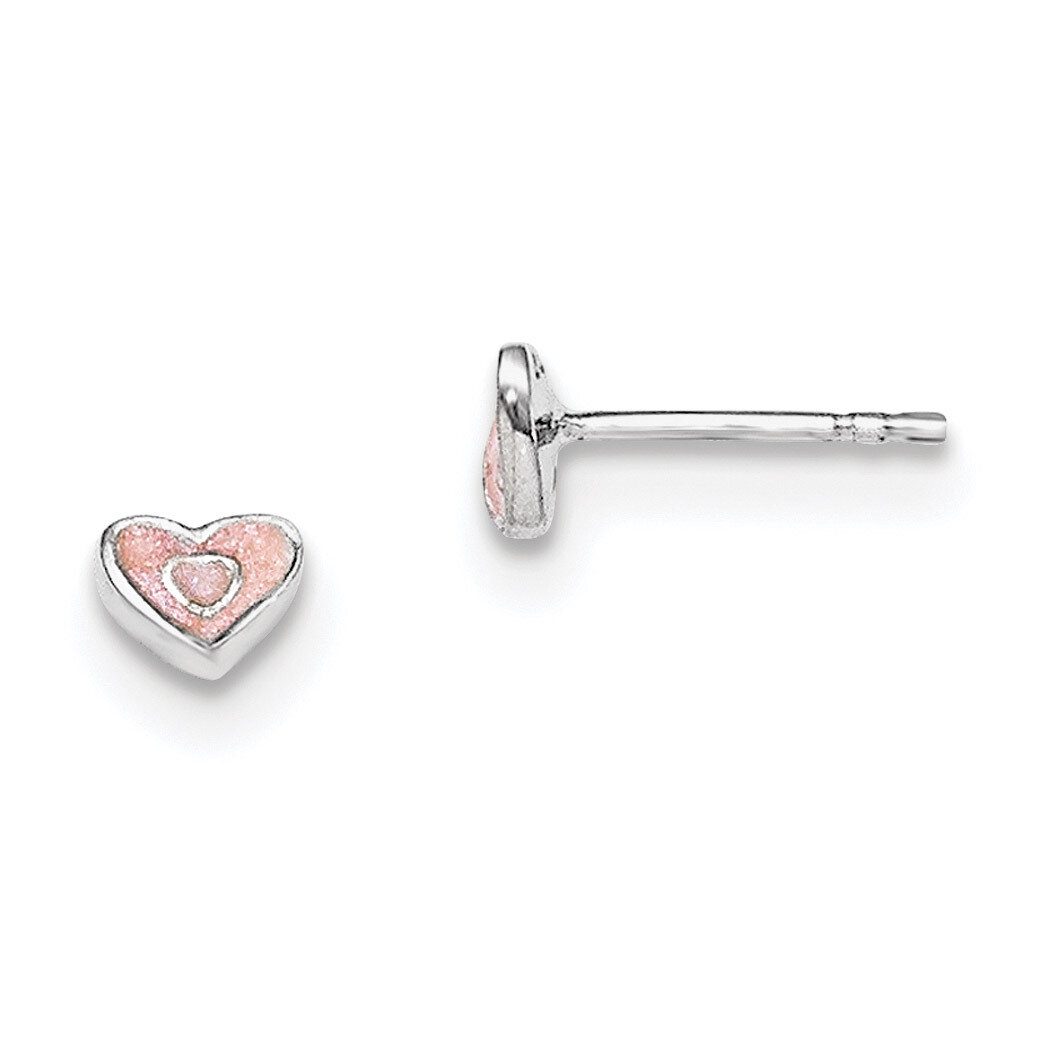 Child&#39;S Pink Glittered Enamel Heart Earrings Sterling Silver Rhodium-plated QE11250