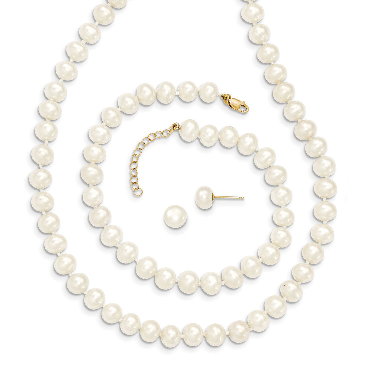 6-7Mm Cultured Pearl 7.25 with 1 Inch Extender Bracelet 18 with 2 Inch Extender Neck Earring Set 14k Gold XF454SET