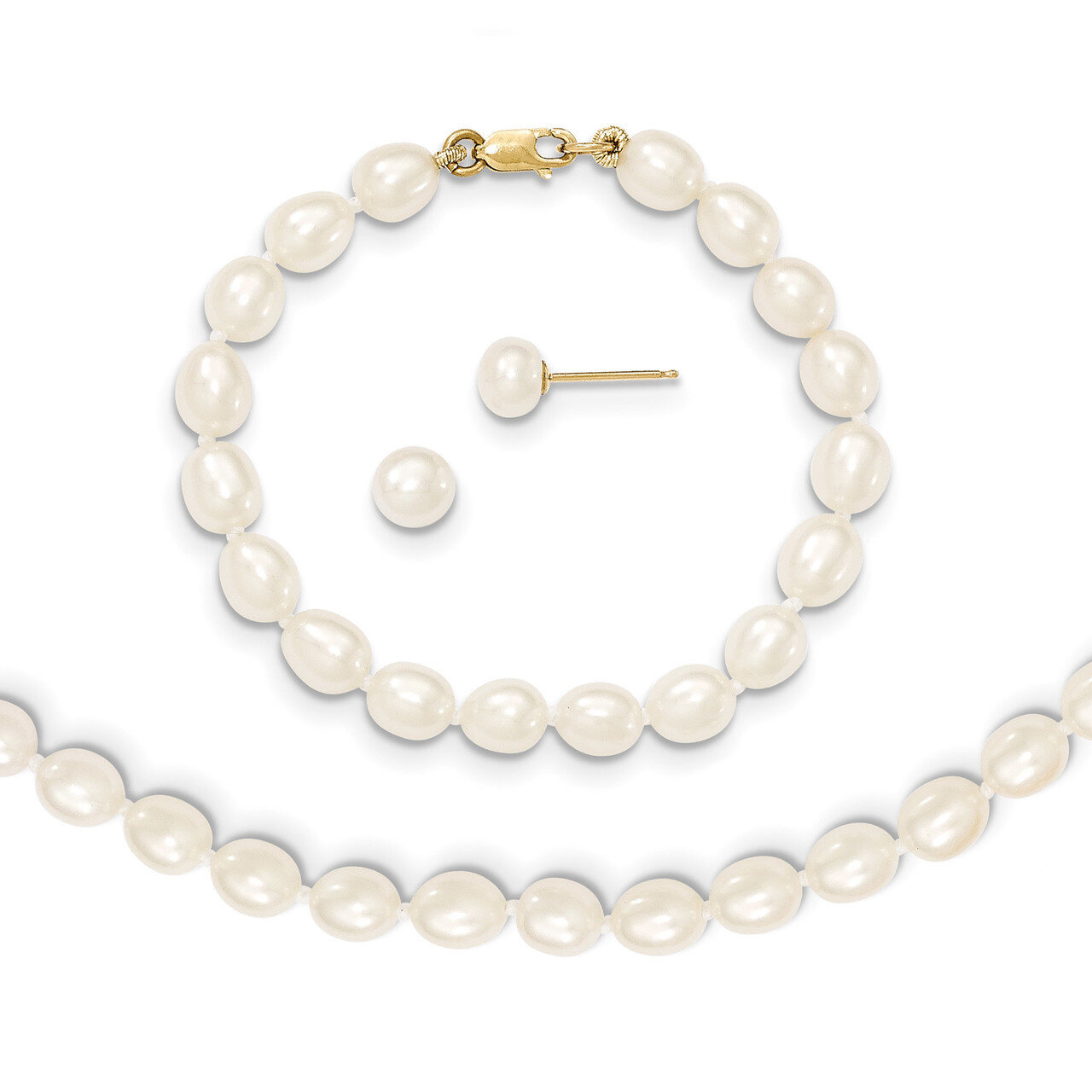 5-6Mm Cultured Pearl White 5 Inch Bracelet 14 Inch Necklace Earring Set 14k Gold XF455SET
