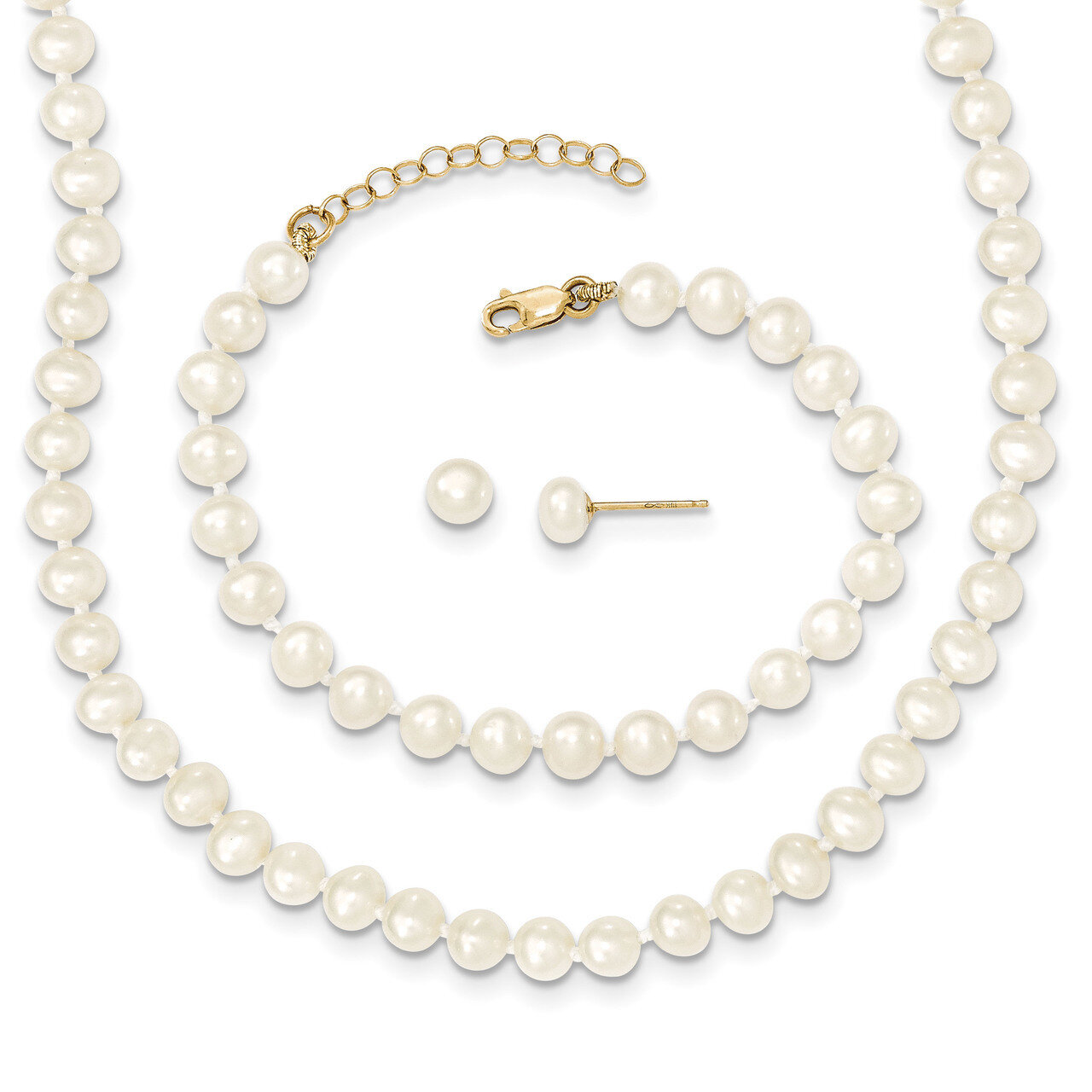 4-5Mm Cultured Pearl 5 with 1 Inch Extender Bracelet 14 with 1 Inch Extender Neck Earring Set 14k Gold XF456SET