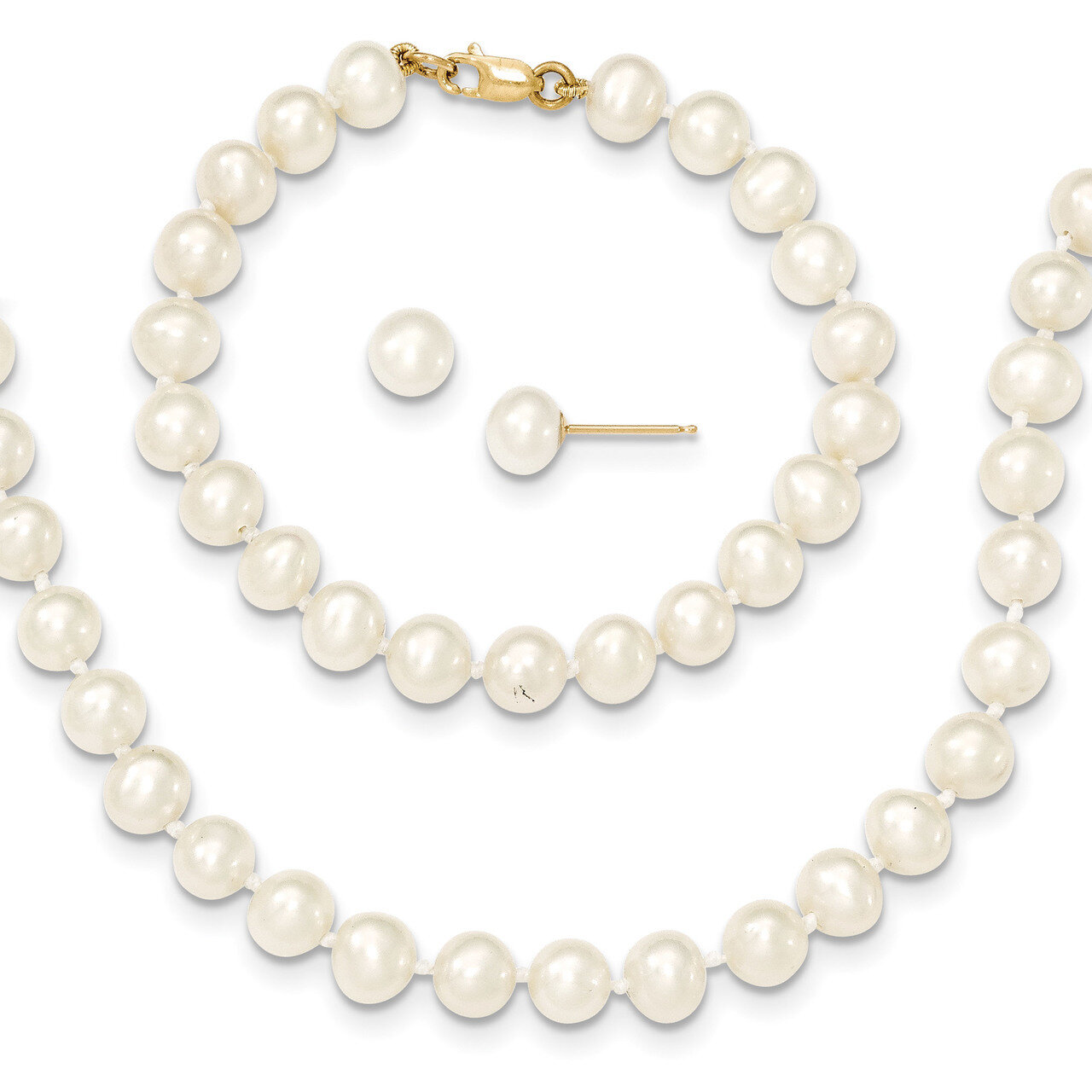 5-6Mm Cultured Pearl White 5 Inch Bracelet 14 Inch Necklace Earring Set 14k Gold XF457SET, MPN: XF4…