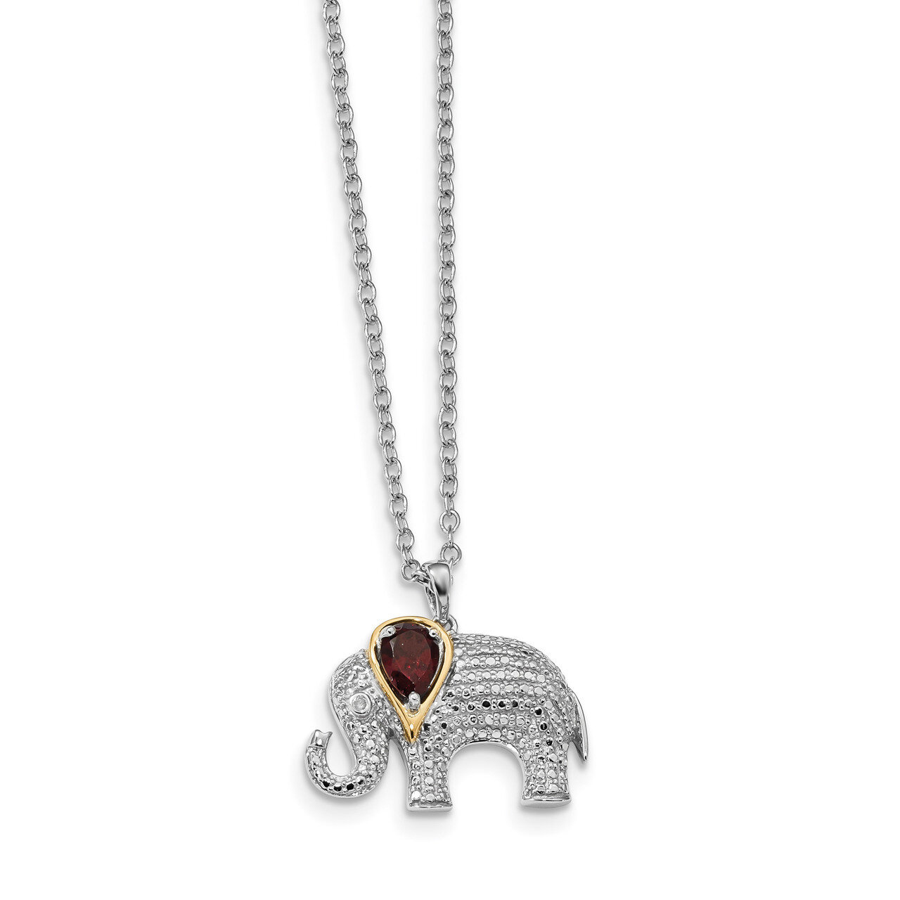 Garnet and Diamond Elephant Necklace Sterling Silver & 14k Gold QG2713-17