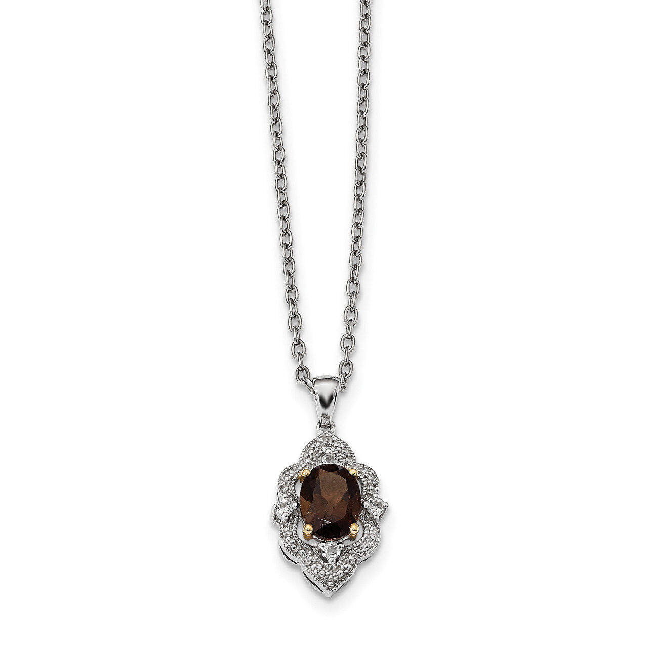 Sterling Silver&amp;14K Smoky Quartz White Topaz and Diamond Necklace Sterling Silver QG2717-17, MPN: Q…