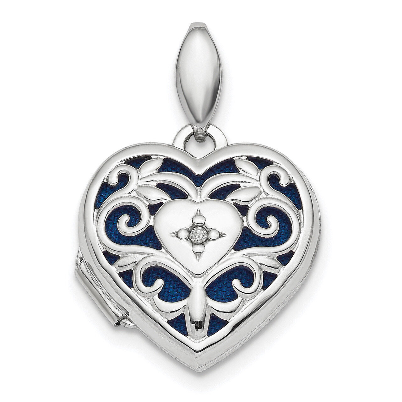 Filigree Diamond Heart Locket Sterling Silver Rhodium-plated polished Engravable QLS767