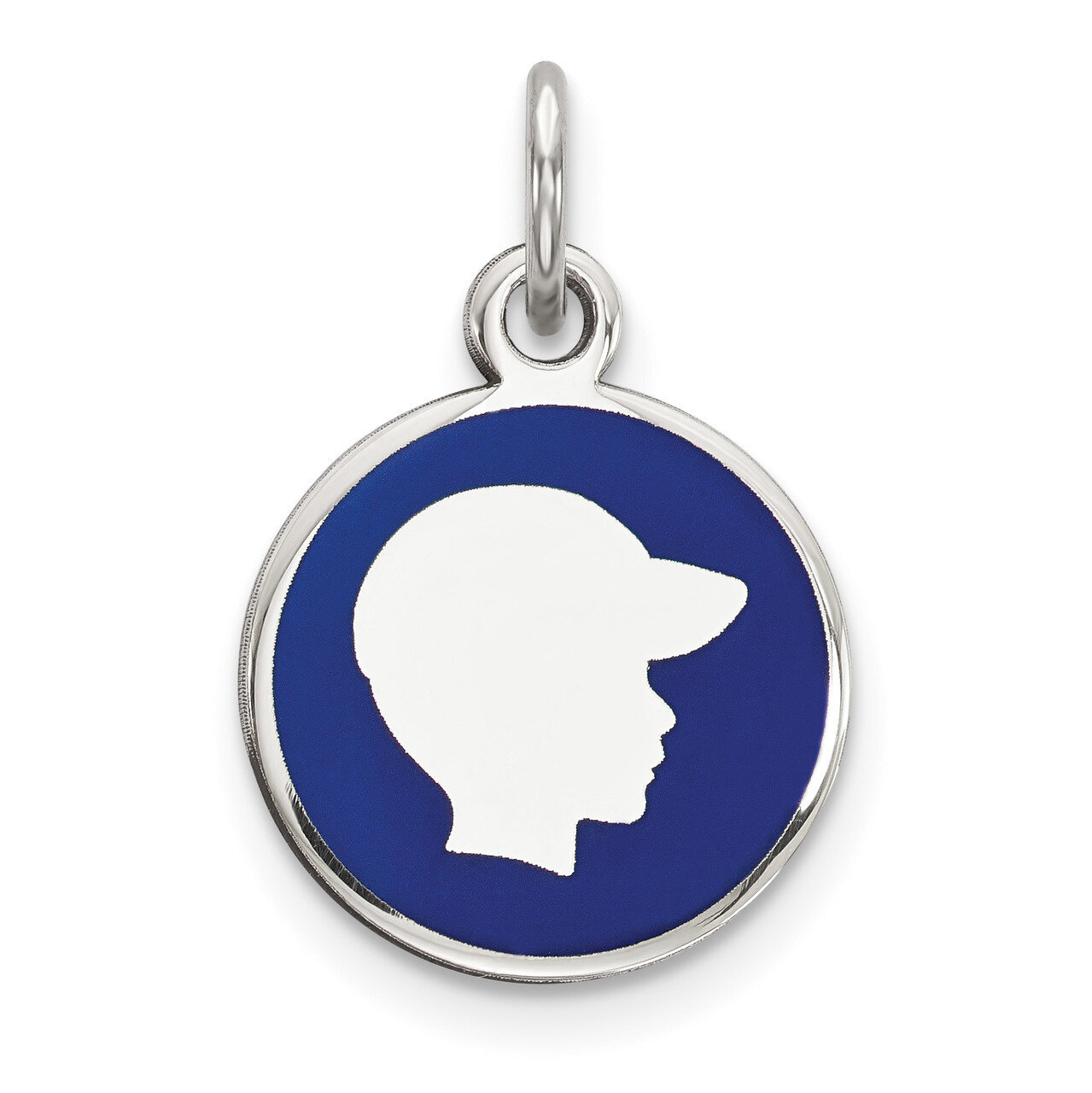 Blue Enamel Right Facing Boy Head Disc Charm Sterling Silver Rhodium-plated Engravable QM526, MPN: …