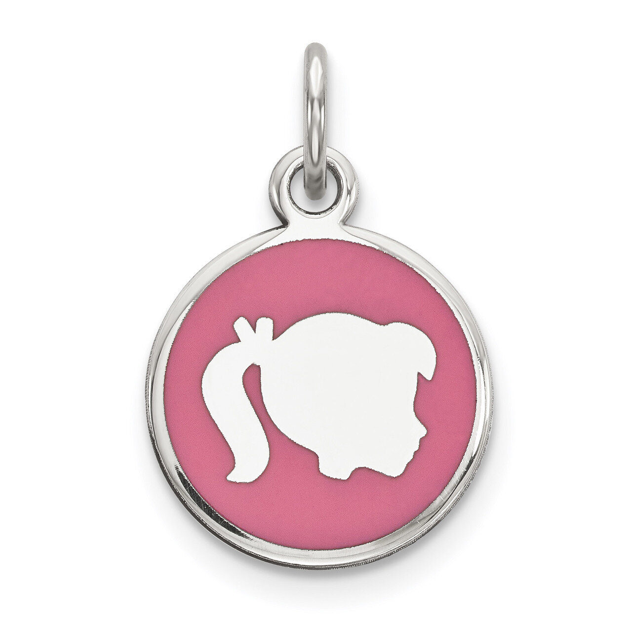 Pink Enamel Right Facing Girl Head Disc Charm Sterling Silver Rhodium-plated Engravable QM527