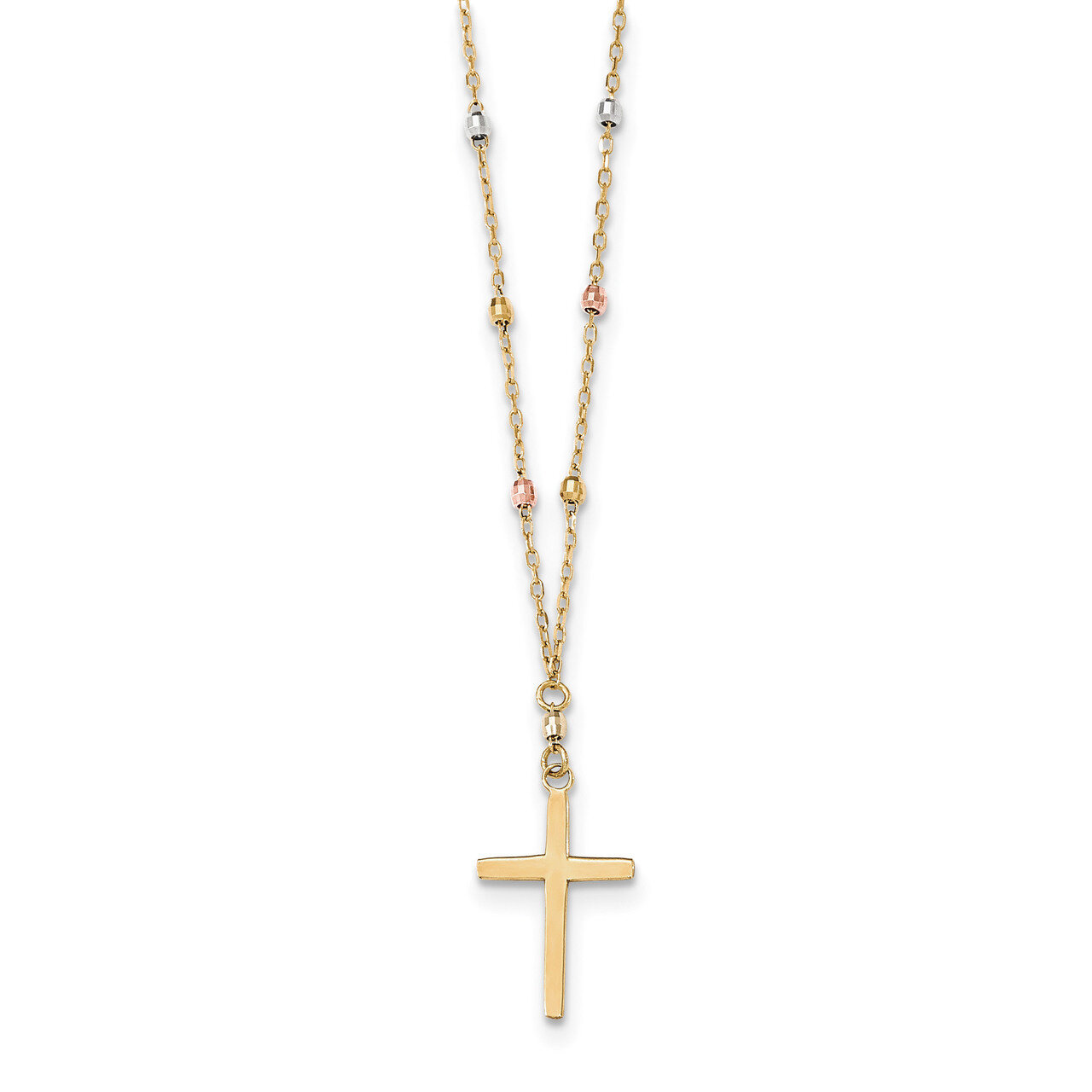 Diamond Cut Beaded Cross Necklace 14K Tri Colored Gold SF2286-18, MPN: SF2286-18, 191101369100