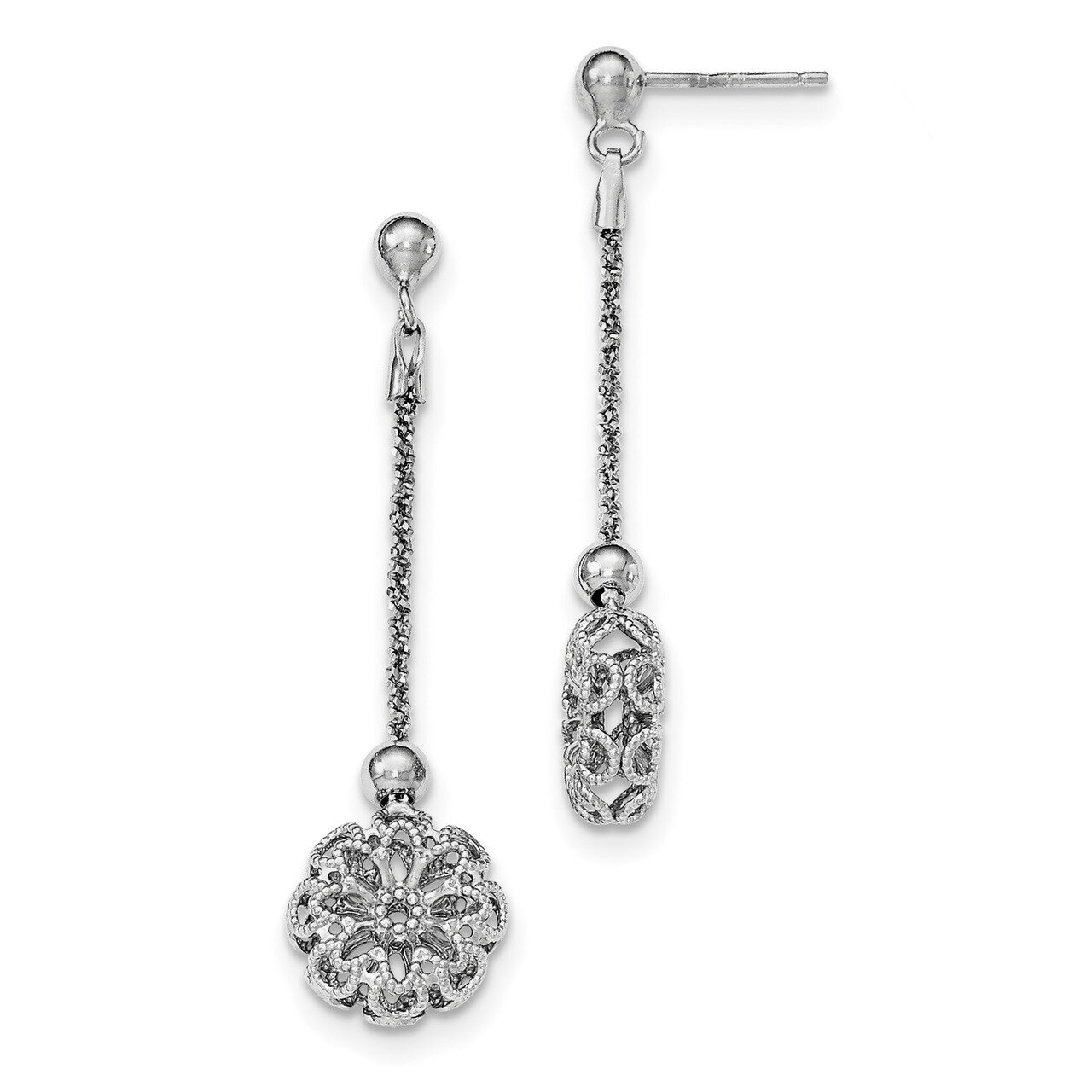 Diamond-Cut Flower Post Dangle Earrings Sterling Silver Rhodium-plated polished QE11381