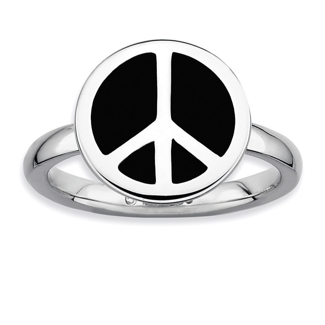 Polished Black Enameled Peace Sign Ring Sterling Silver QSK126-5, MPN: QSK126, 886774210445