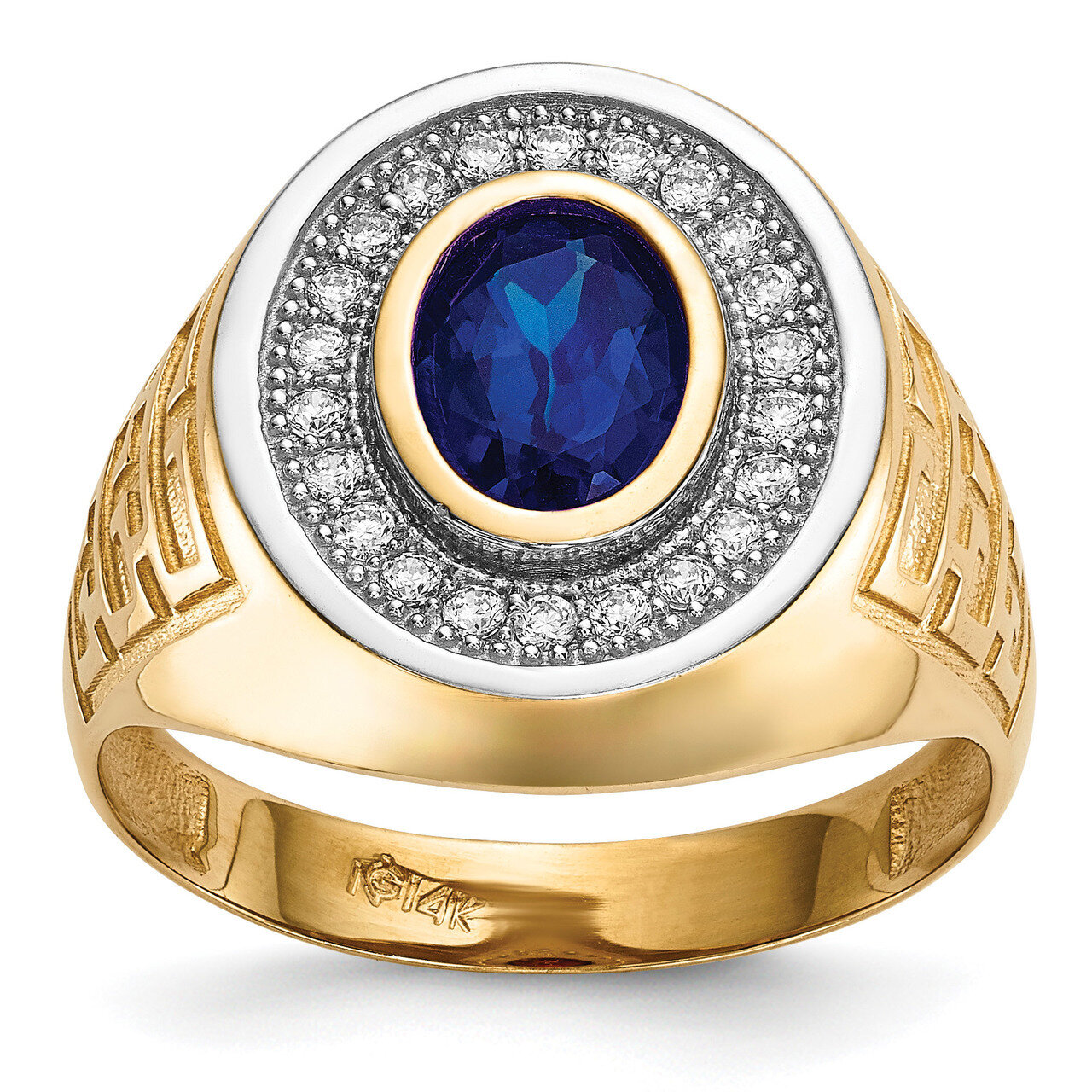 Oval Blue CZ Mens Ring 14k Gold Rhodium Plated Y13803, MPN: Y13803, 191101248337