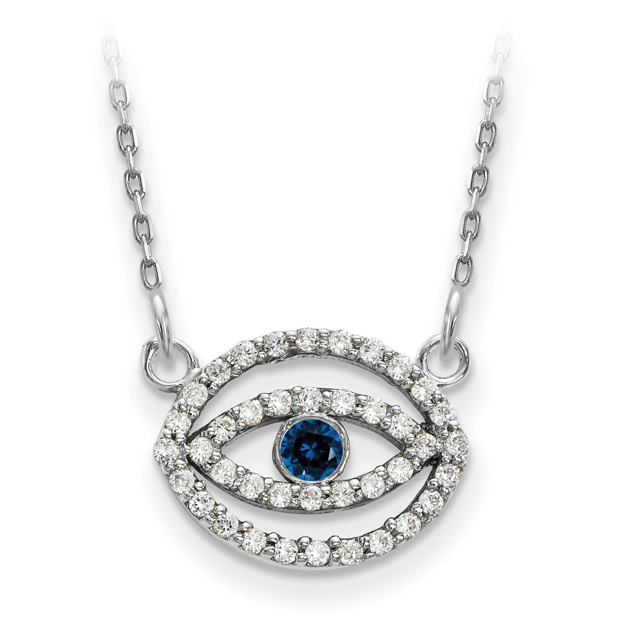Small Diamond and Sapphire Gold Halo Evil Eye Necklace 14k White Gold XP5036WS/A