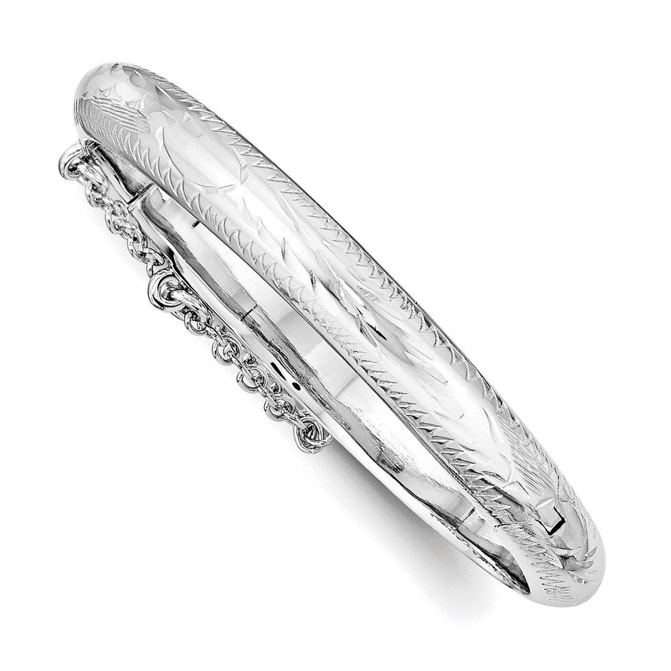 Child'S Bangle Sterling Silver Rhodium-plated Textured with Safety Hinged QB788