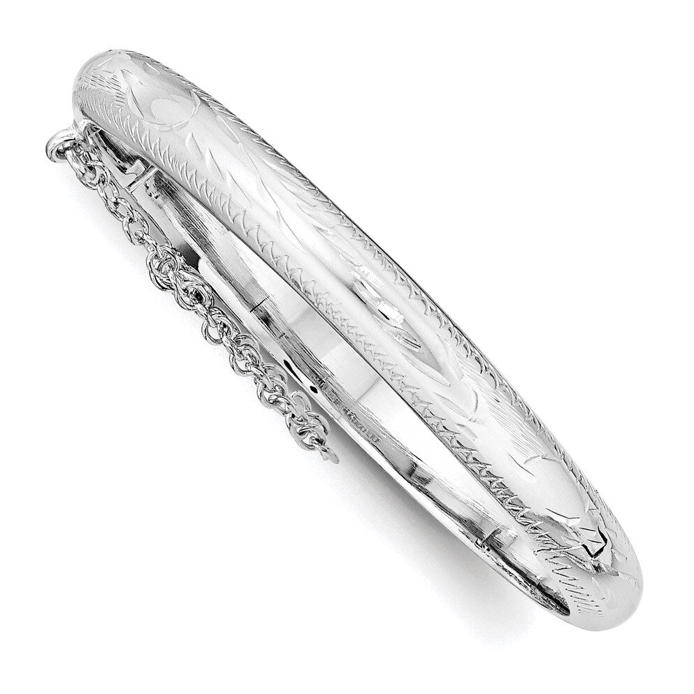 Child'S Bangle Sterling Silver Rhodium-plated Textured with Safety Hinged QB789