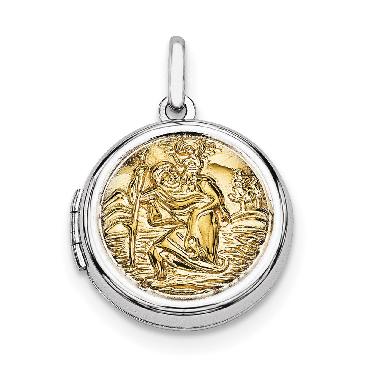 Gold-Plate Round St. Christopher&#39;S Locket Sterling Silver Rhodium-plated QLS590