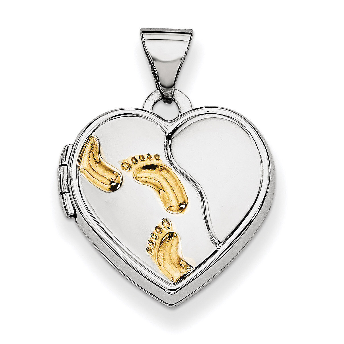 Gold-Plate 15M Heart Foot Prints Locket Sterling Silver Rhodium-plated QLS609
