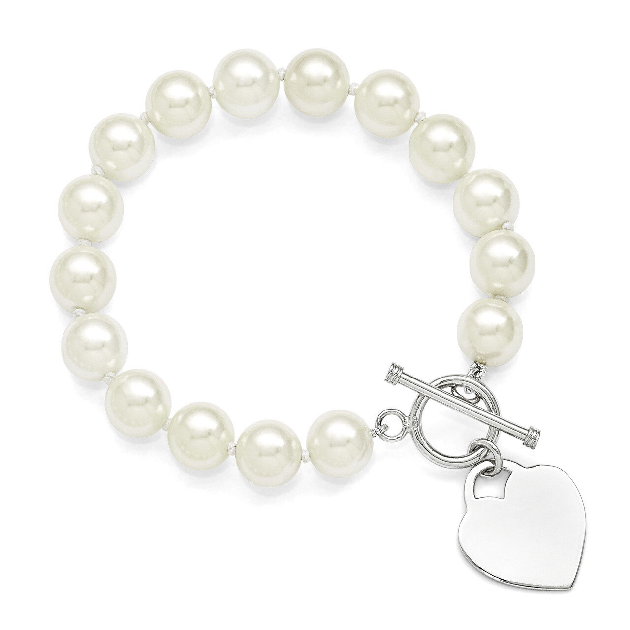 10-11Mm White Shell Bead with Eng. Heart Bracelet Sterling Silver QMJB102W-8