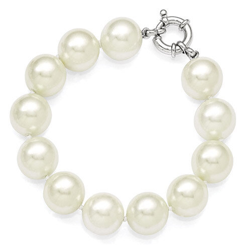 14-15Mm White Shell Bead Hand Knotted Bracelet Sterling Silver QMJB14W-7.5