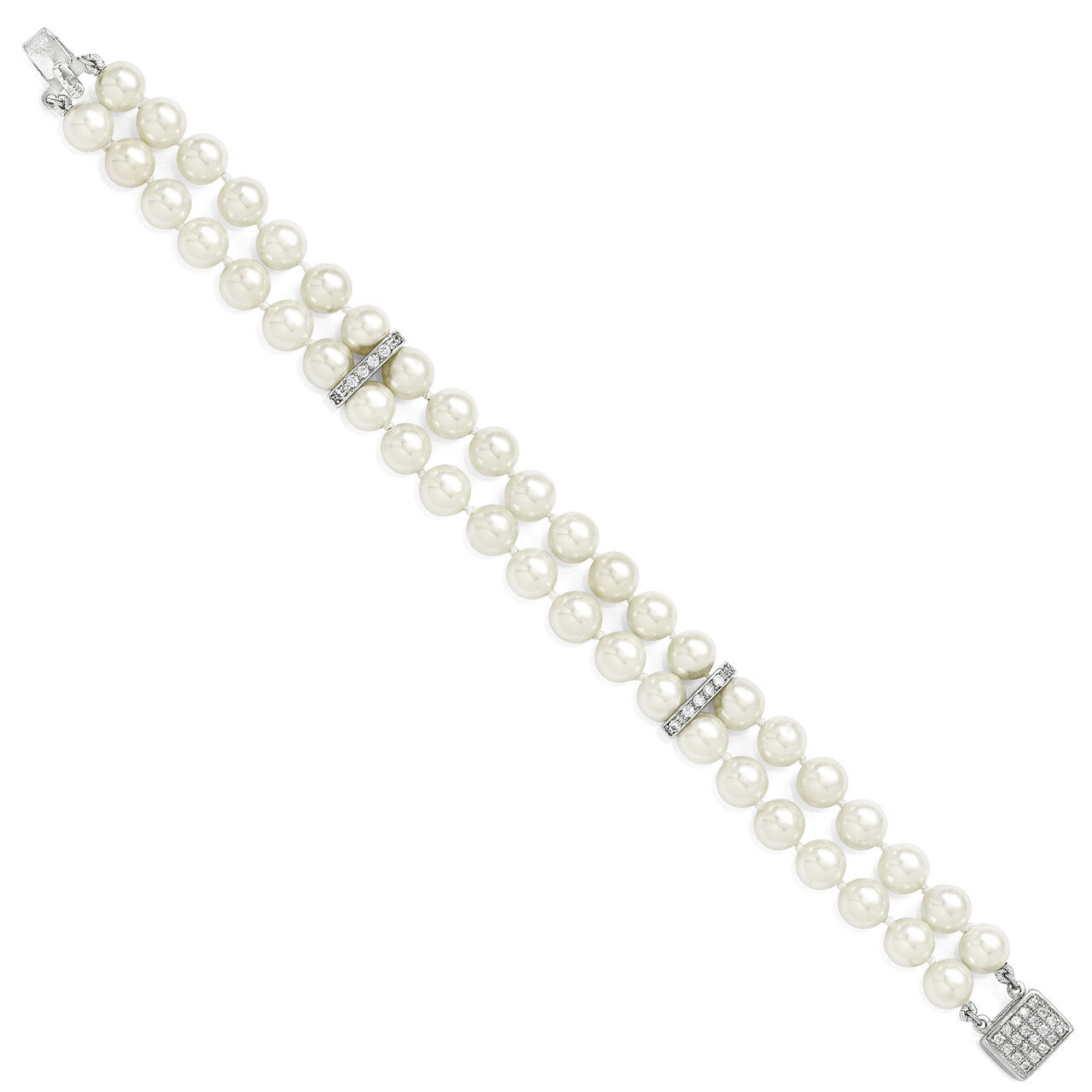 7-8Mm White Shell Bead &amp; CZ Bracelet Sterling Silver QMJB270W-7.5