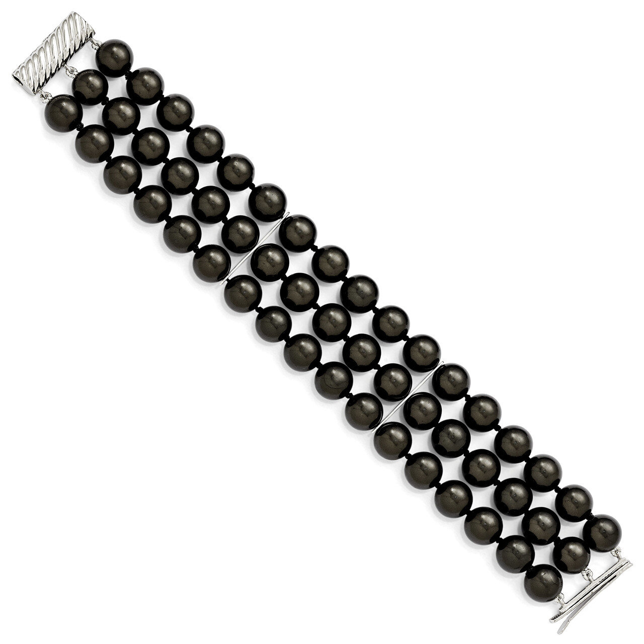 3 Row 10-11Mm Black Shell Bead Bracelet Sterling Silver QMJB310B-7.5