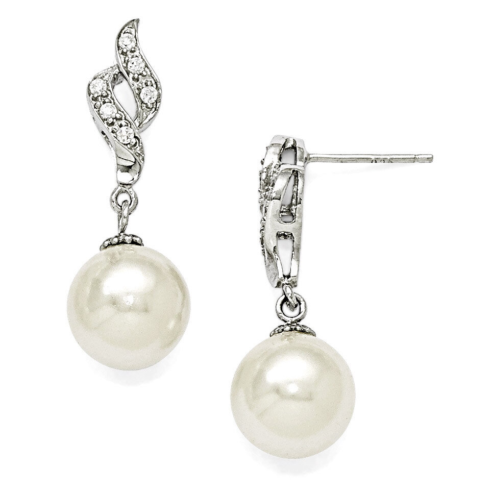 10-11Mm White Shell Bead &amp; CZ Dangle Earrings Sterling Silver QMJE104W, MPN: QMJE104W, 886774293585