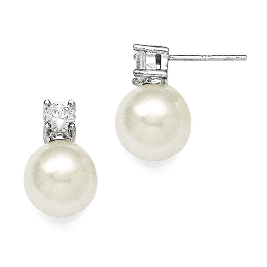 10-11Mm White Shell Bead &amp; CZ Post Earrings Sterling Silver QMJE105W, MPN: QMJE105W, 886774293592