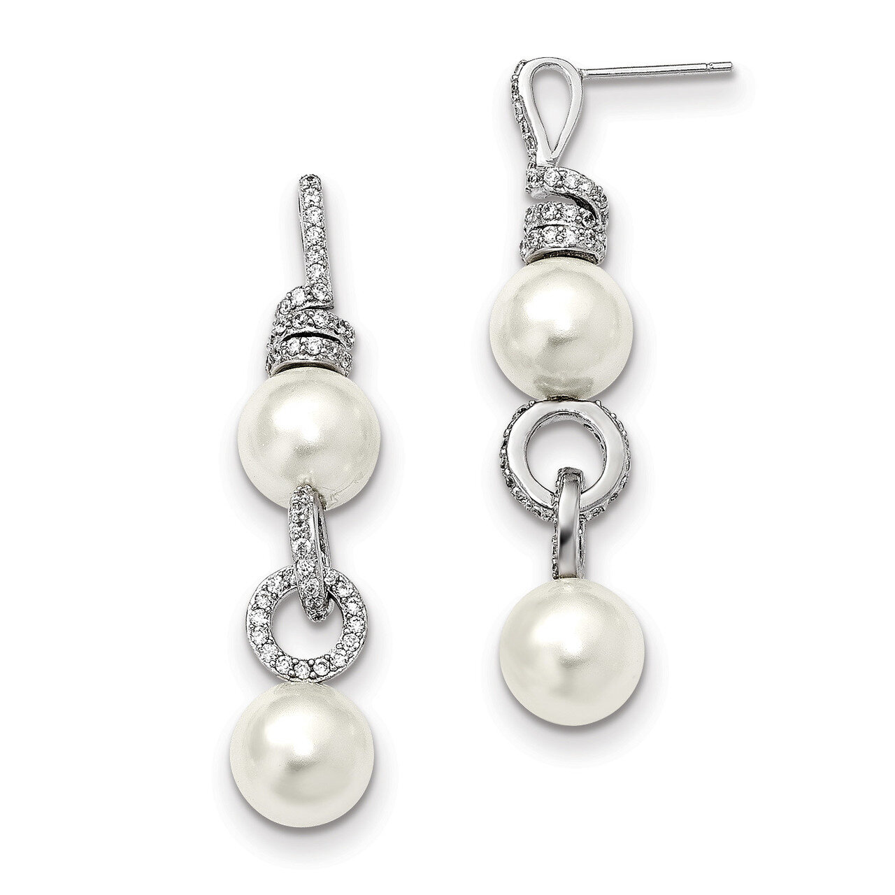 10-11Mm White Shell Pearl CZ Post Dangle Earrings Sterling Silver QMJE118W, MPN: QMJE118W,