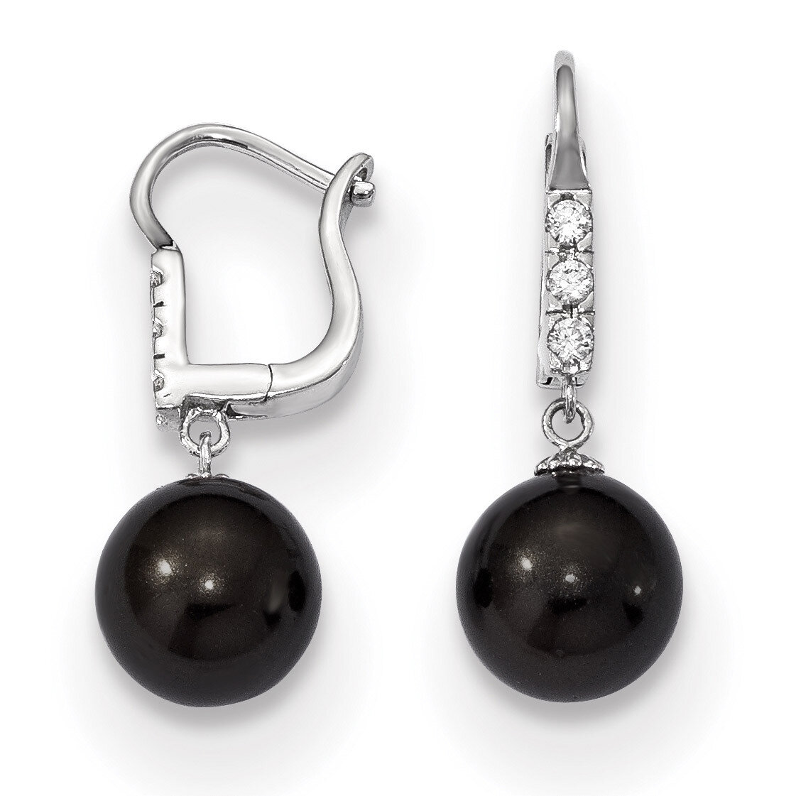 11-12Mm Black Shell Pearl CZ Dangle Earrings Sterling Silver QMJE124B, MPN: QMJE124B, 883957639154