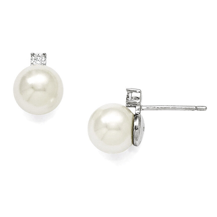 8-9Mm White Shell Bead &amp; CZ Post Earrings Sterling Silver QMJE800W, MPN: QMJE800W, 886774293851