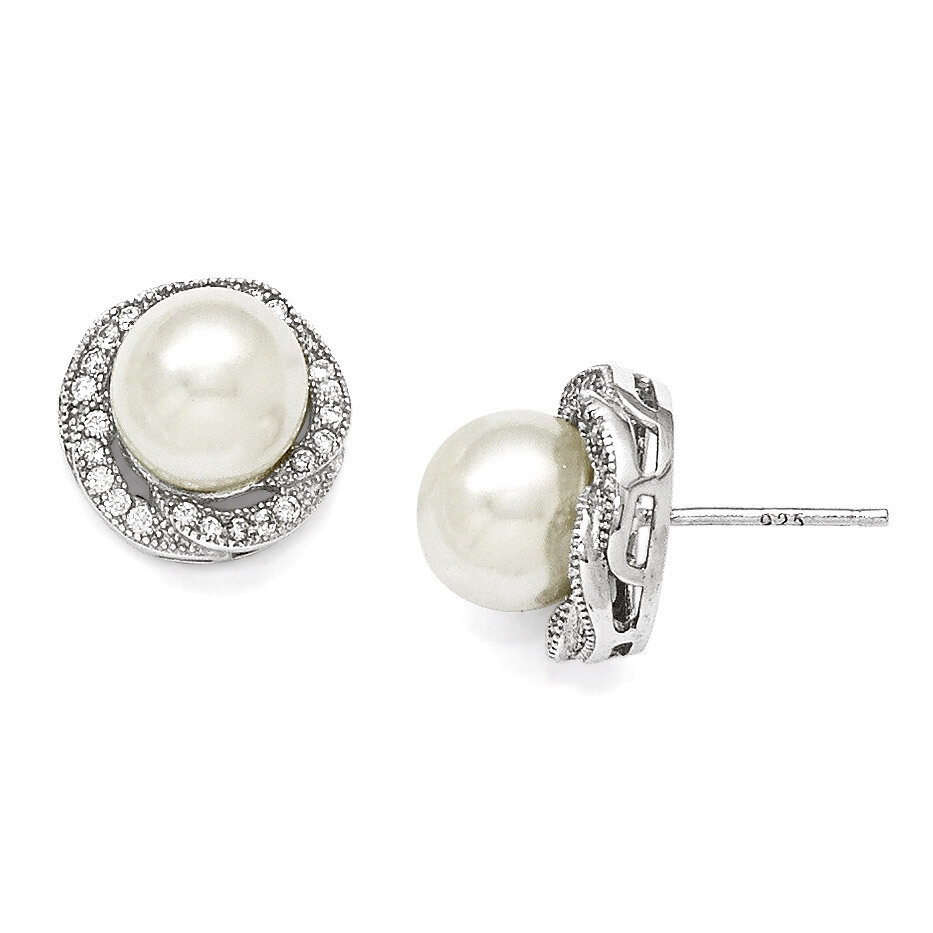 8-9Mm White Shell Bead &amp; CZ Post Earrings Sterling Silver QMJE801W, MPN: QMJE801W, 886774293868