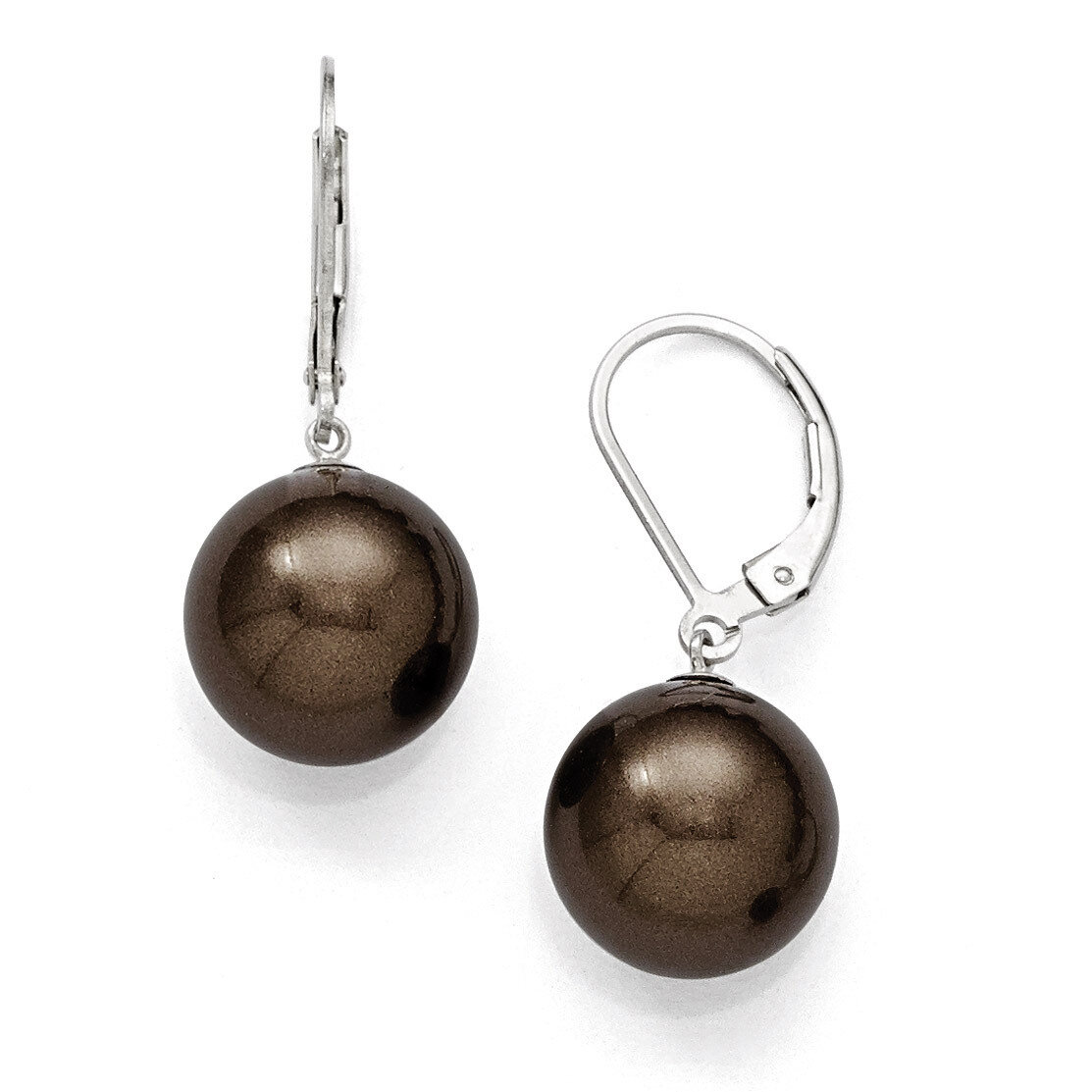 12-13Mm Round Brown Shell Bead Leverback Earrings Sterling Silver QMJEL12C
