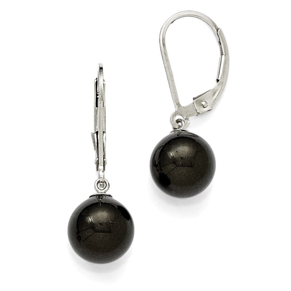 8-9Mm Round Black Shell Bead Leverback Earrings Sterling Silver QMJEL8B
