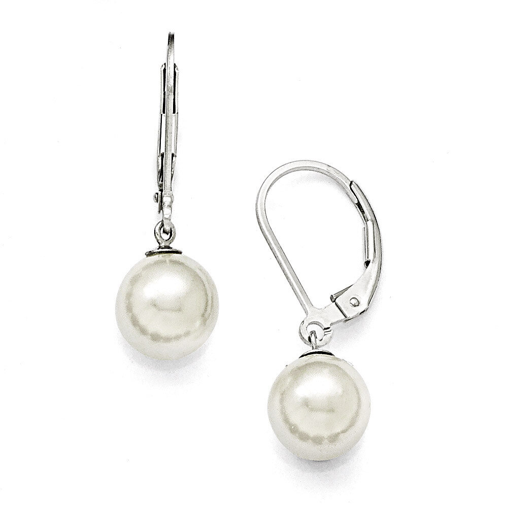 8-9Mm Round White Shell Bead Leverback Earrings Sterling Silver QMJEL8W