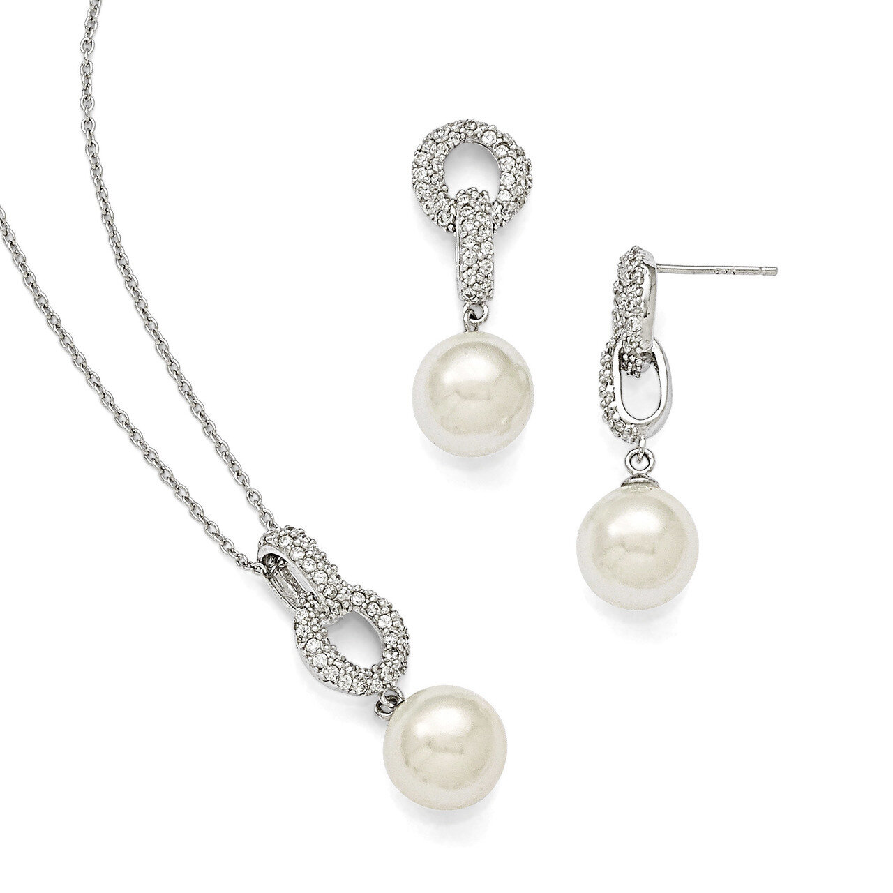 10-11Mm White Shell Bead &amp; CZ Earrings and Necklace Set Sterling Silver QMJS101W