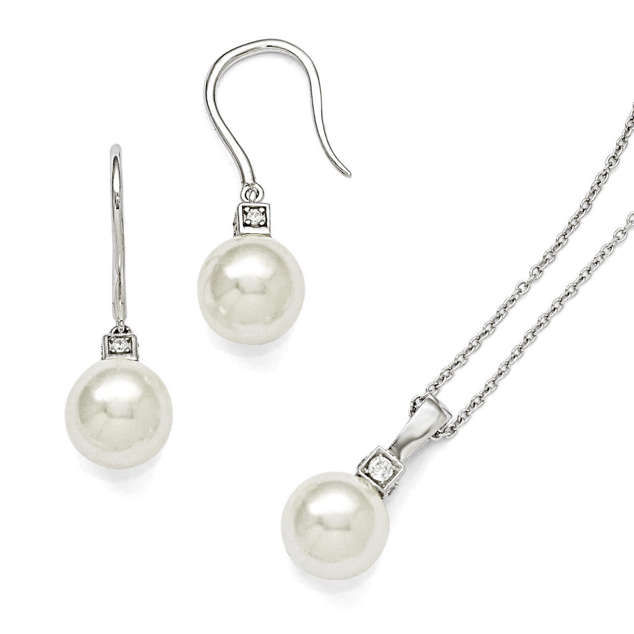 10-11Mm White Shell Bead &amp; CZ Earrings and Necklace Set Sterling Silver QMJS102W, MPN: QMJS102W, 88…