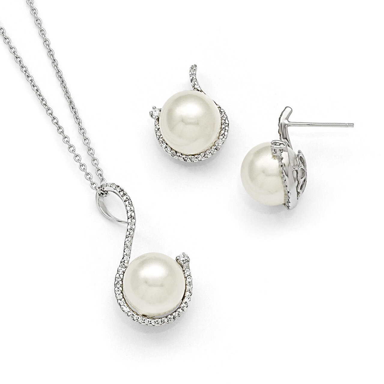 10-12Mm White Shell Bead &amp; CZ Earrings and Necklace Set Sterling Silver QMJS108W, MPN: QMJS108W, 88…