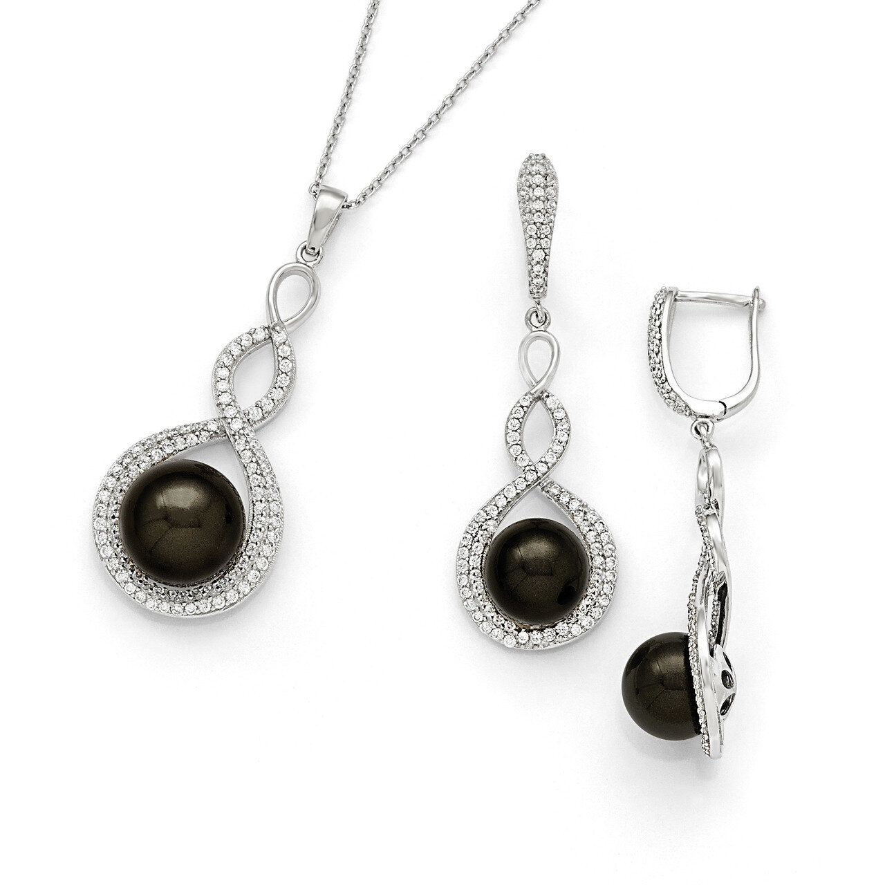 10-12Mm Black Shell Bead &amp; CZ Earrings and Necklace Set Sterling Silver QMJS109B, MPN: QMJS109B, 88…