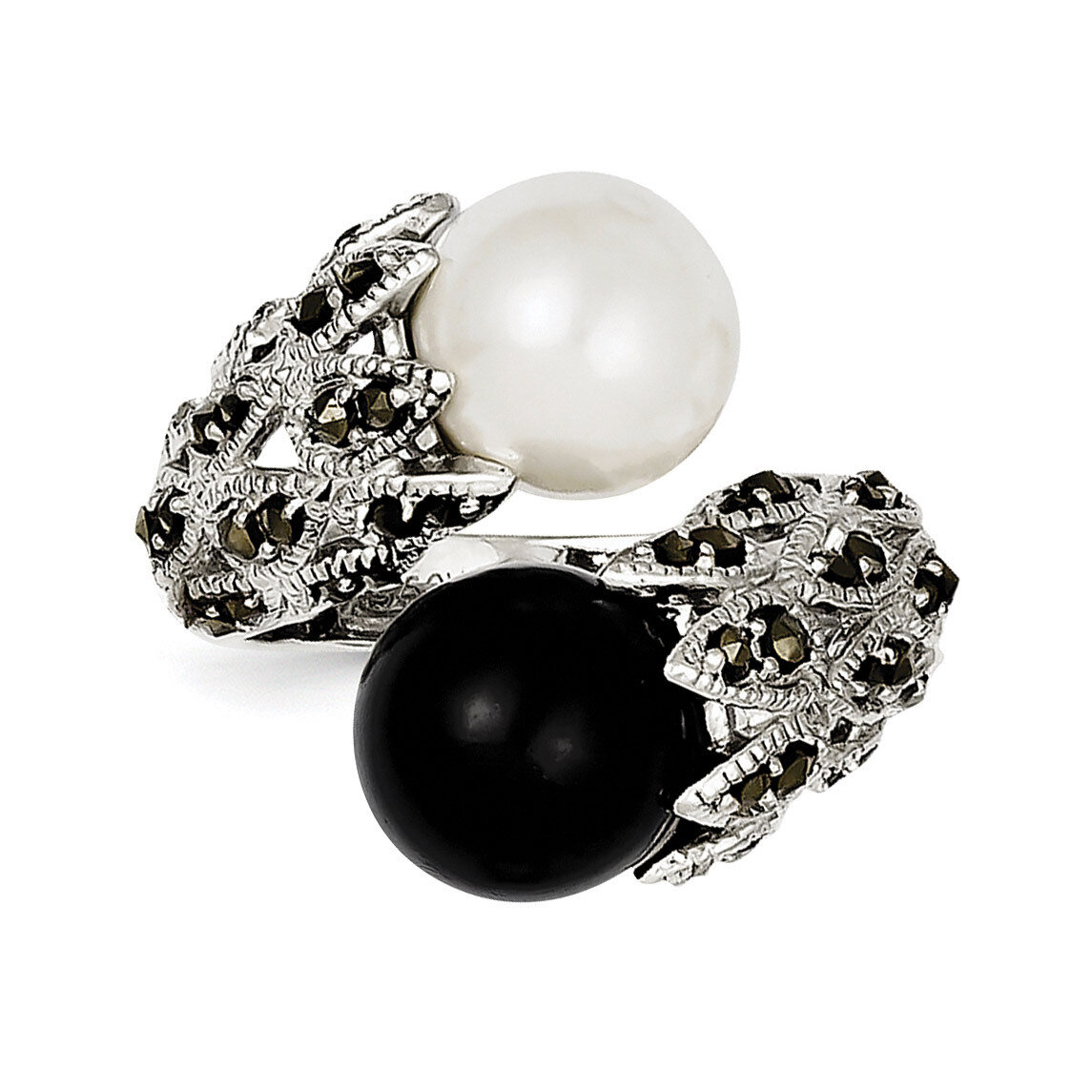 Marcasite Black and White Cultured Pearl Ring Sterling Silver QR2184-7