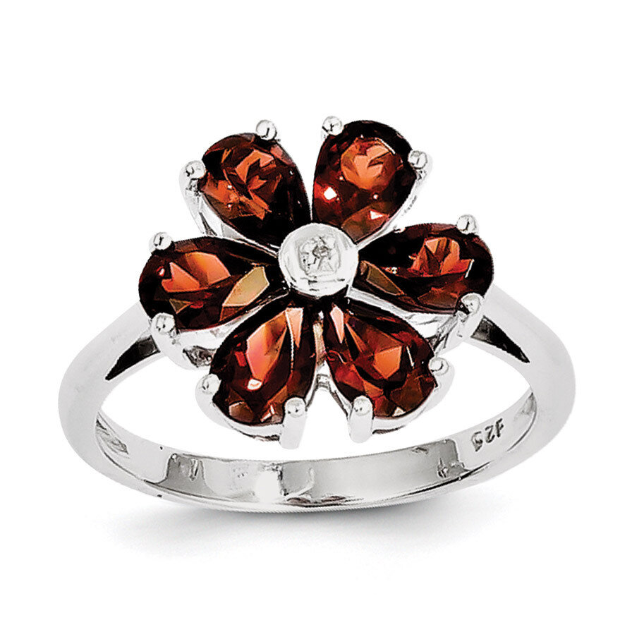 Garnet &amp; Diamond Flower Ring Sterling Silver Rhodium QDX615-6