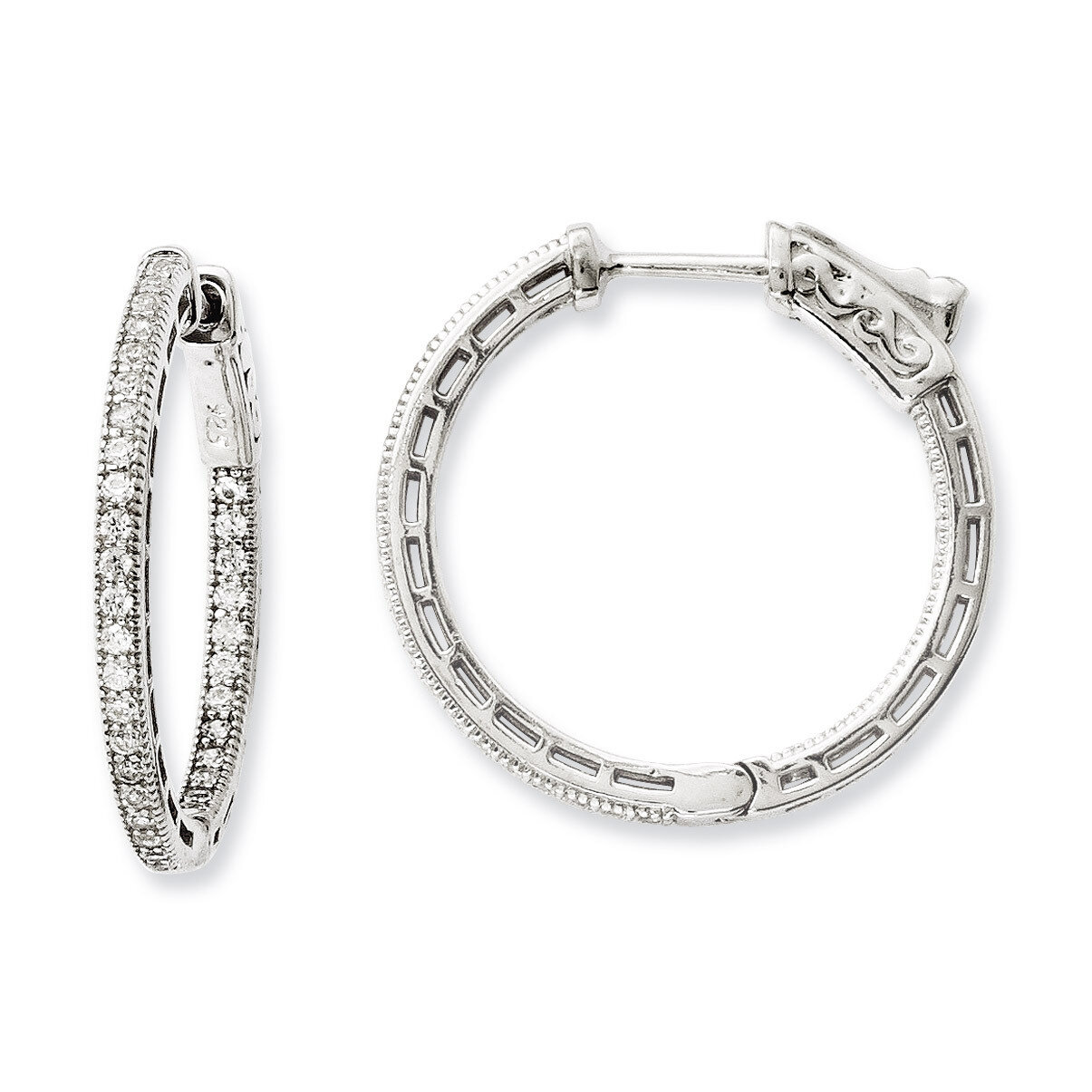 CZ In and Out Hoop Earrings Sterling Silver Rhodium-plated QE11072, MPN: QE11072, 191101386435