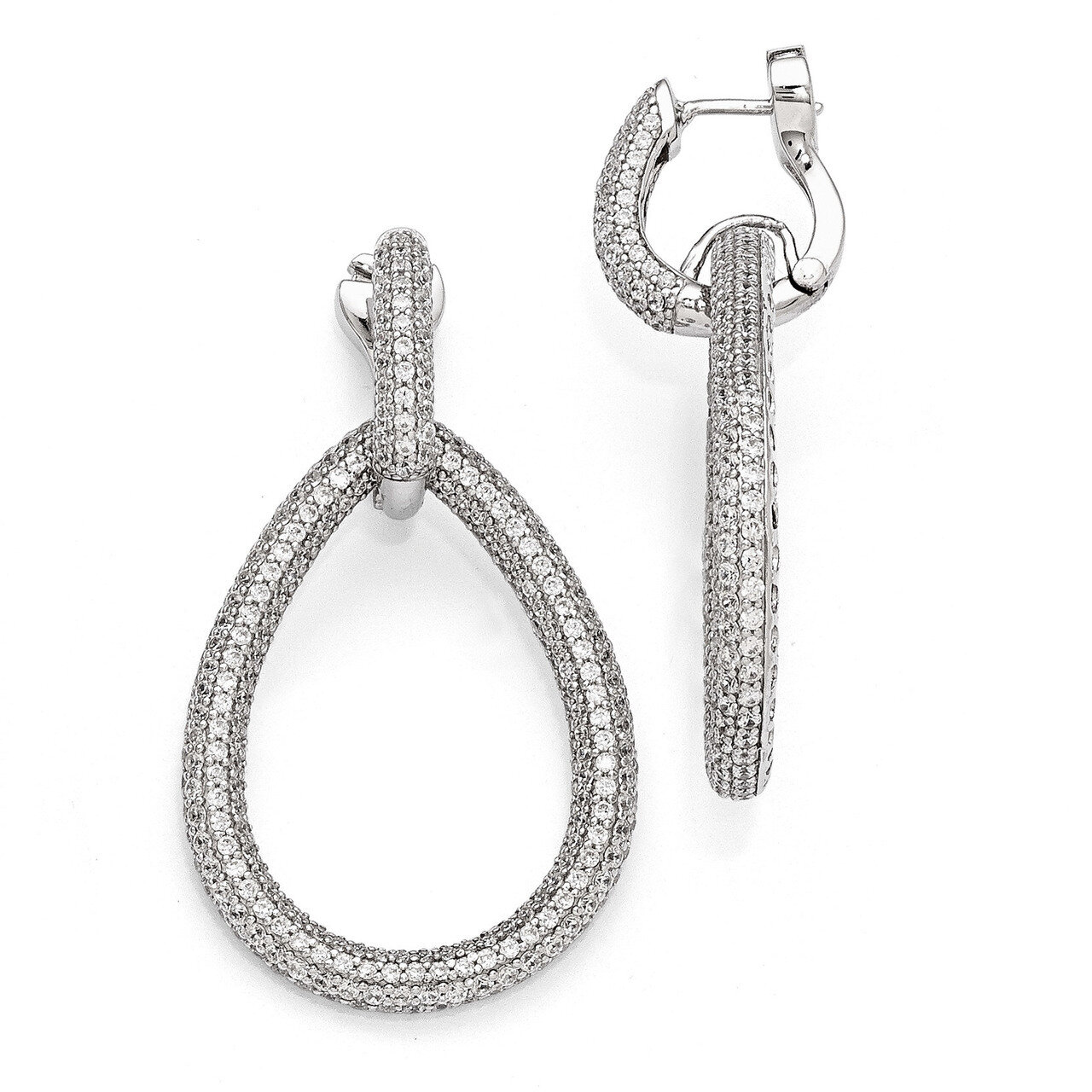 CZ Teardrop Hinged Hoop Dangle Earrings Sterling Silver Rhodium-plated QE11287