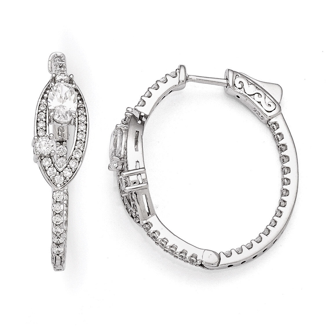 CZ Oval Hinged In/Out Hoop Earrings Sterling Silver Rhodium-plated QE11289, MPN: QE11289, 886774727…