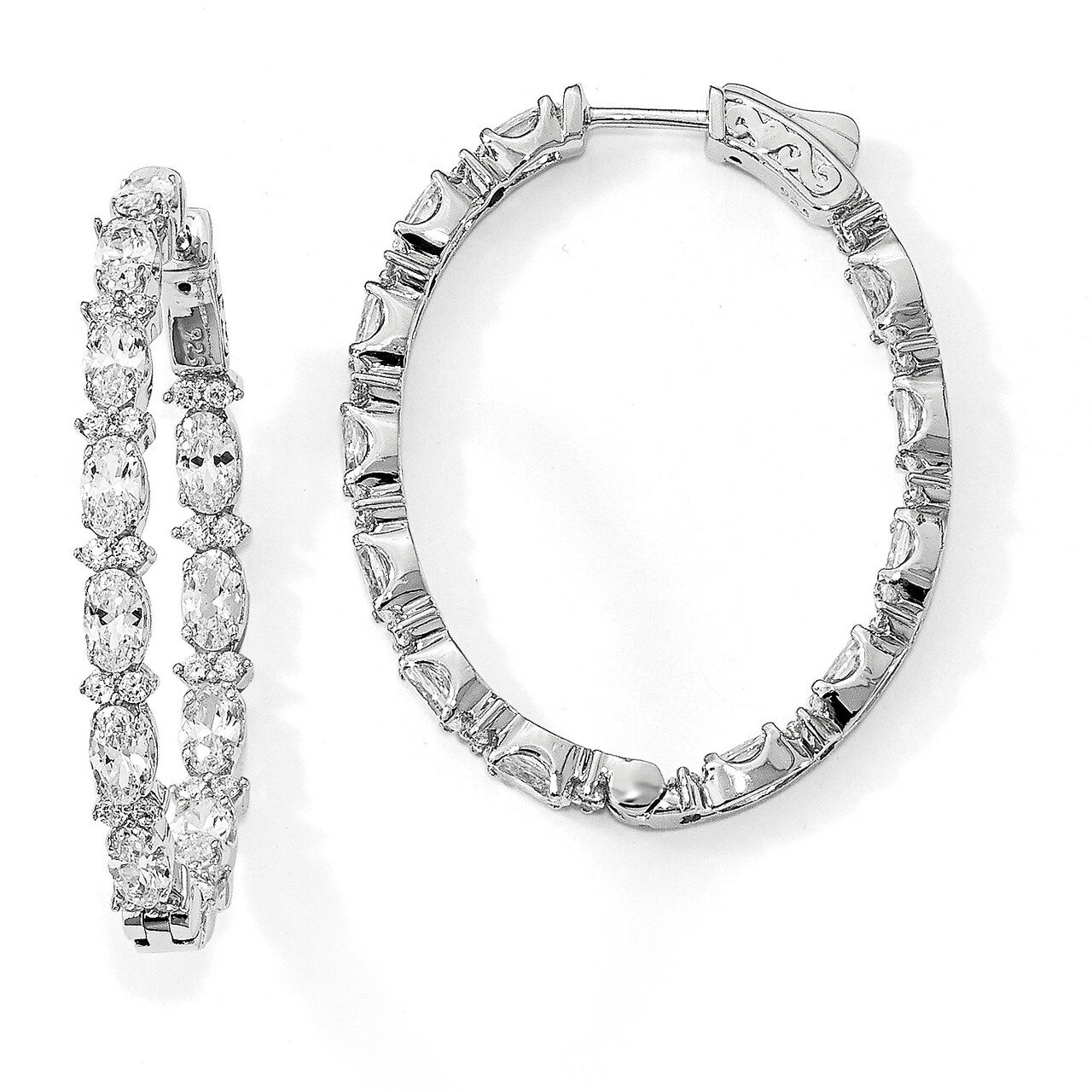 Fancy CZ In &amp; Out Oval Hoop Earrings Sterling Silver Rhodium-plated QE13003, MPN: QE13003, 88395791…