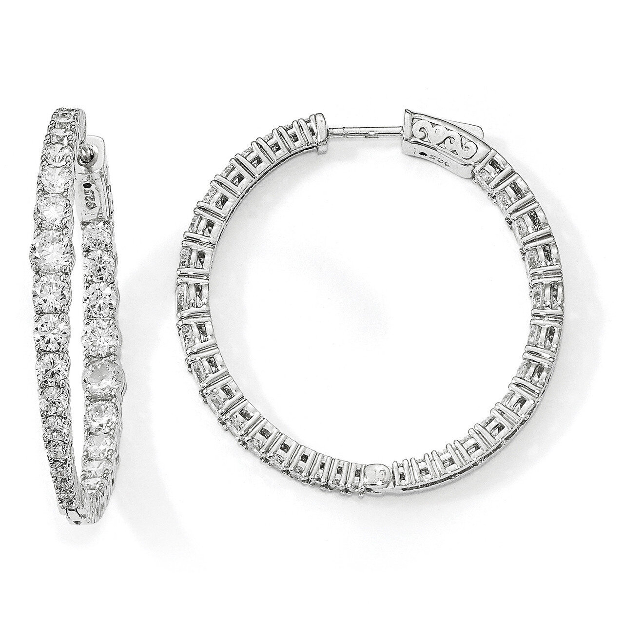 Graduated CZ In & Out Round Hoop Earrings Sterling Silver Rhodium-plated QE13012