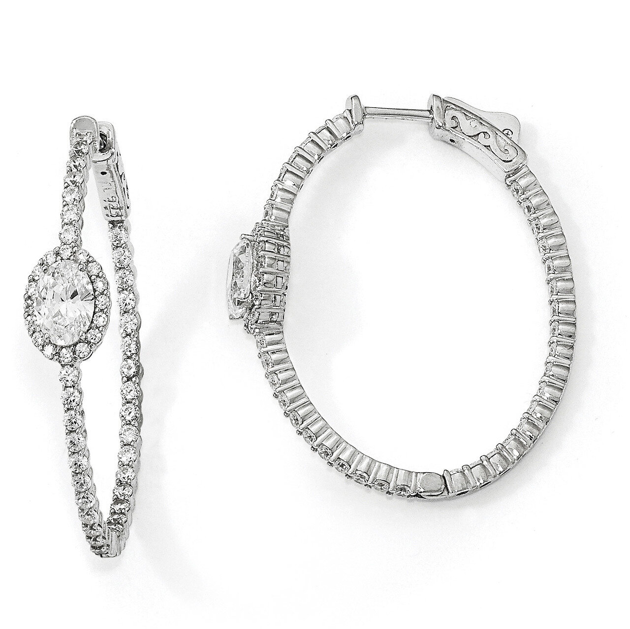 Fancy CZ In &amp; Out Oval Hoop Earrings Sterling Silver Rhodium-plated QE13014, MPN: QE13014, 88677472…