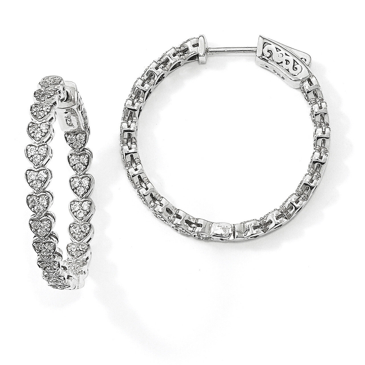 CZ In &amp; Out Heart Round Hoop Earrings Sterling Silver Rhodium-plated QE13015, MPN: QE13015, 8839577…