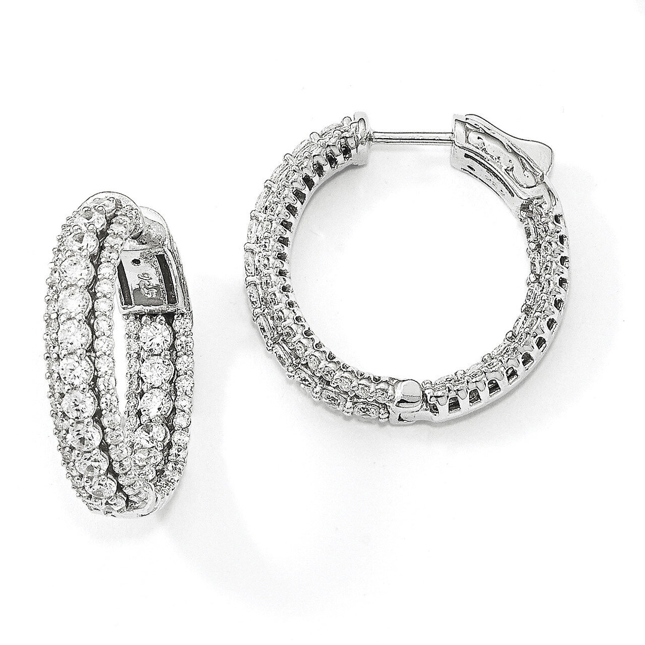 CZ In &amp; Out Round Hoop Earrings Sterling Silver Rhodium-plated QE13016, MPN: QE13016, 883957350561