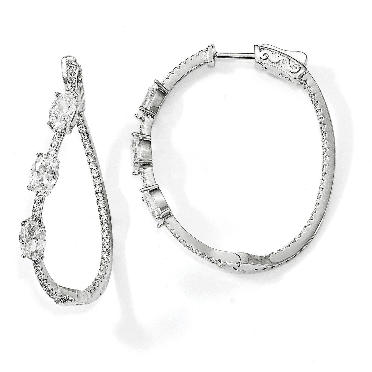 Curvy Oval CZ In and Out Oval Hoop Earrings Sterling Silver Polished QE13025, MPN: QE13025, 8839576…